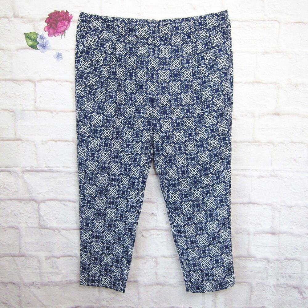 J. Crew Navy Blue & White Medallion Print Pleated Front Pants Size 16